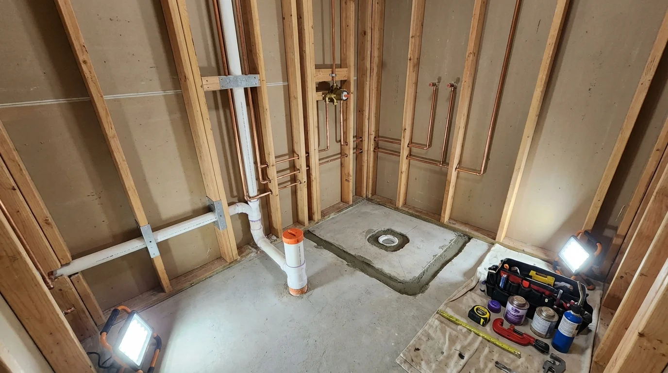 Bathroom rough-in plumbing during remodel by Johns Plumbing LLC in Greene