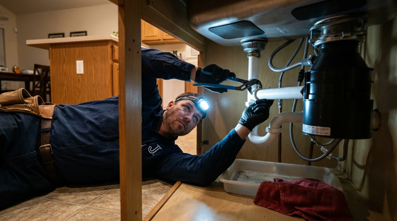 P-trap and supply line connections under a kitchen sink showing a common leak point in Greene, NY